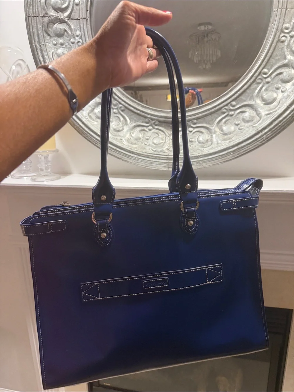 Mcklein Winnetka Briefcase navy blue leather travel silver hardware elegant